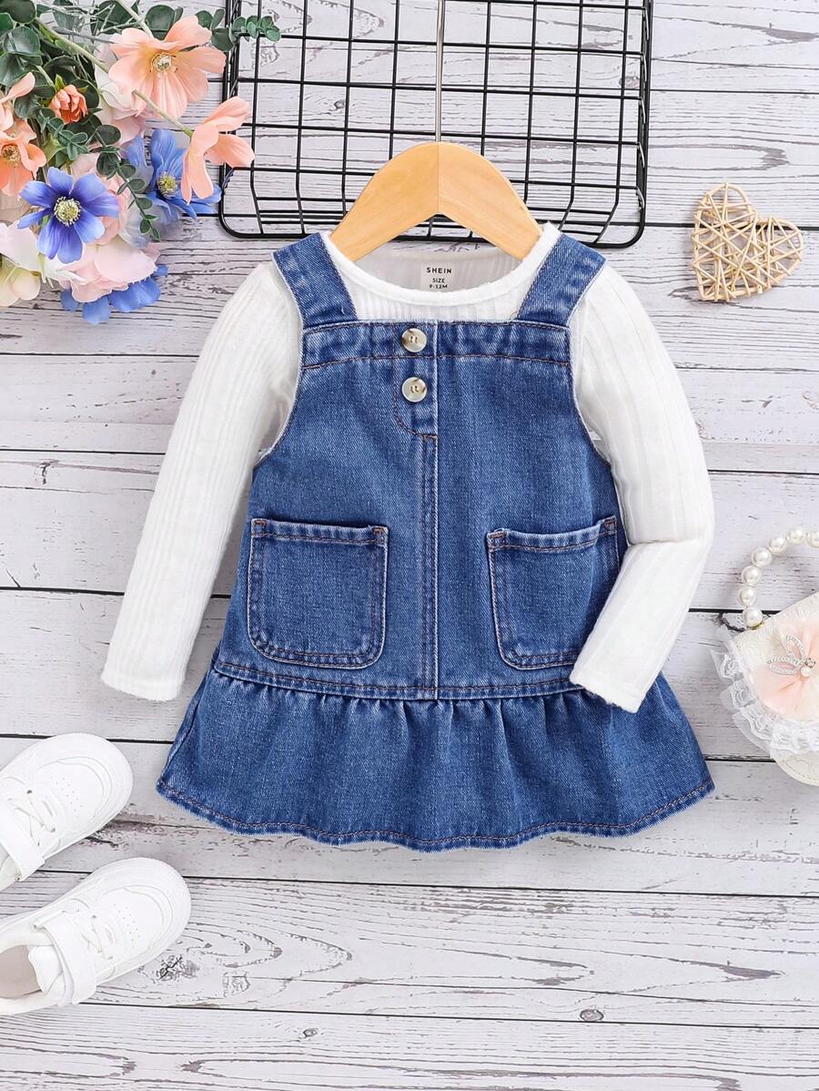 SHEIN 新品蓝色可爱荷叶边可调节牛仔围兜裙，适合女婴 - 中等水洗藍 - 查看 1