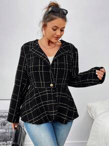 SHEIN Privé Áo khoác kẻ caro dày họa tiết cỡ lớn cho nữ, hàng mới về cho mùa thu/đông - màu đen - Xem 6
