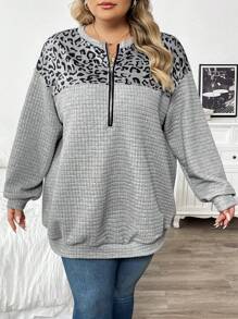 SHEIN CURVE+ 大码女式撞色豹纹半拉链半开襟卫衣，秋冬季/秋季女装/秋季上衣旅行机场装，秋冬T恤 - 灰色 - 查看 4