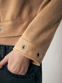 Maija 女式棕色金属点缀休闲简约纯色长袖复古夹克，秋冬 - 卡其色 - 查看 3