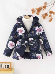 Tween Girls Loose Casual Floral Print Drawstring Hooded Thick Warm Jacket, Autumn/Winter - Blue - View 1