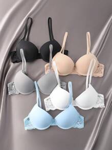 Snug Zone 5pcs Women Plain Color Spaghetti Strap Lace Patchwork Minimalist Casual Bras - Multicolor - View 5