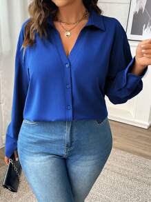 Flirla 大码女式纯色落肩长袖单排扣休闲衬衫，秋季 - 寶藍色 - 查看 6