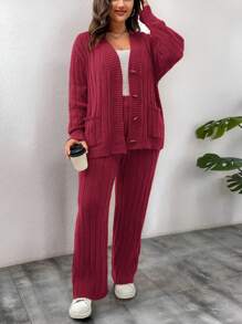 Calvaya 大码女士套装，休闲纯色落肩宽松口袋开衫和针织长裤，冬季