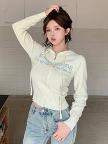 DAZY 女士字母提花针织连帽开衫，秋季女装 - 白色 - 查看 3