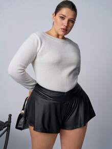 SHEIN EZwear Quần short chữ A bằng da PU đơn giản màu trơn cỡ lớn, mặc thường ngày - màu đen - Xem 3