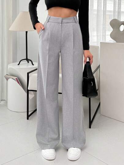 SHEIN Plus Size Grey Pockets Wide Leg Elegant Office Pants, No Waistband
