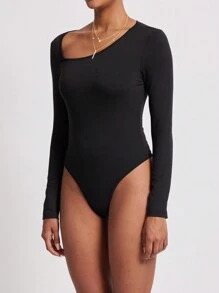 INAWLY Women Solid Asymmetric Neck Long Sleeve Bodysuit - Black - View 3