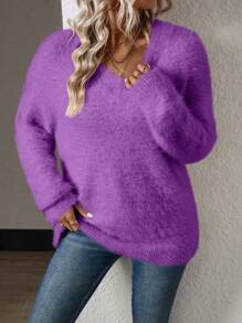 SHEIN LUNE Women Casual Solid Color Drop Shoulder Fuzzy Sweater, Autumn/Winter Knit Pullover Fall Outfit