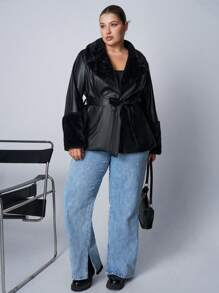 SHEIN EZwear Áo khoác cổ lông PU màu trơn cỡ lớn thường ngày, mùa thu/đông - màu đen - Xem 4