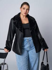 SHEIN EZwear Áo khoác cổ lông PU màu trơn cỡ lớn thường ngày, mùa thu/đông - màu đen - Xem 5
