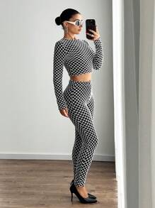 SHEIN ICON 2 件黑色网格图案 T 恤和紧身裤套装，2 合 1 服装，个性化 - 黑色 - 查看 6
