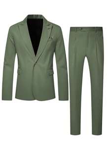 Manfinity Mode 1 套男士简约纯色单扣西装外套和长裤，适合秋季的商务通勤装 - 綠色 - 查看 1