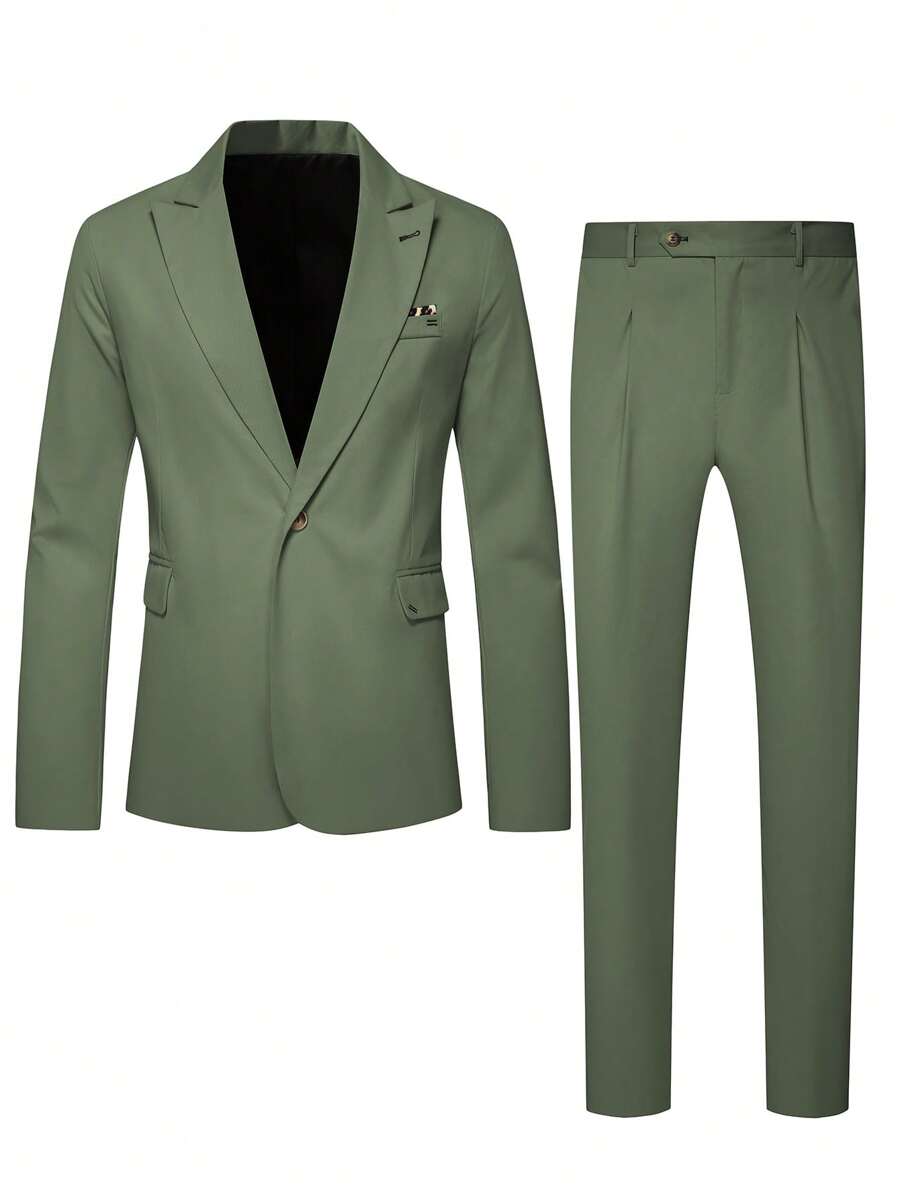 Manfinity Mode 1 套男士简约纯色单扣西装外套和长裤，适合秋季的商务通勤装 - 綠色 - 查看 1