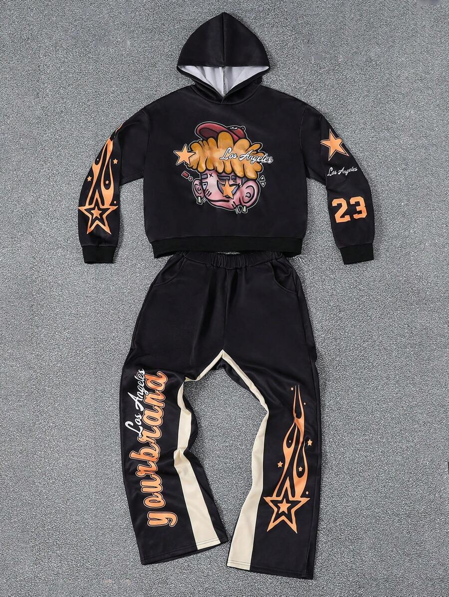 SHEIN 2pcs/Set Teen Boys Casual Comfortable Long Sleeve Hoodie And Pants - Black - View 1