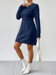 Chiquease 1pc Women Solid Color Round Neck Long Sleeve Simple Casual Short Knit Sweater Dress - Royal Blue - View 4