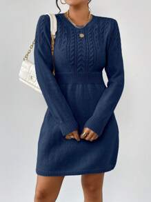 Chiquease 1pc Women Solid Color Round Neck Long Sleeve Simple Casual Short Knit Sweater Dress - Royal Blue - View 5