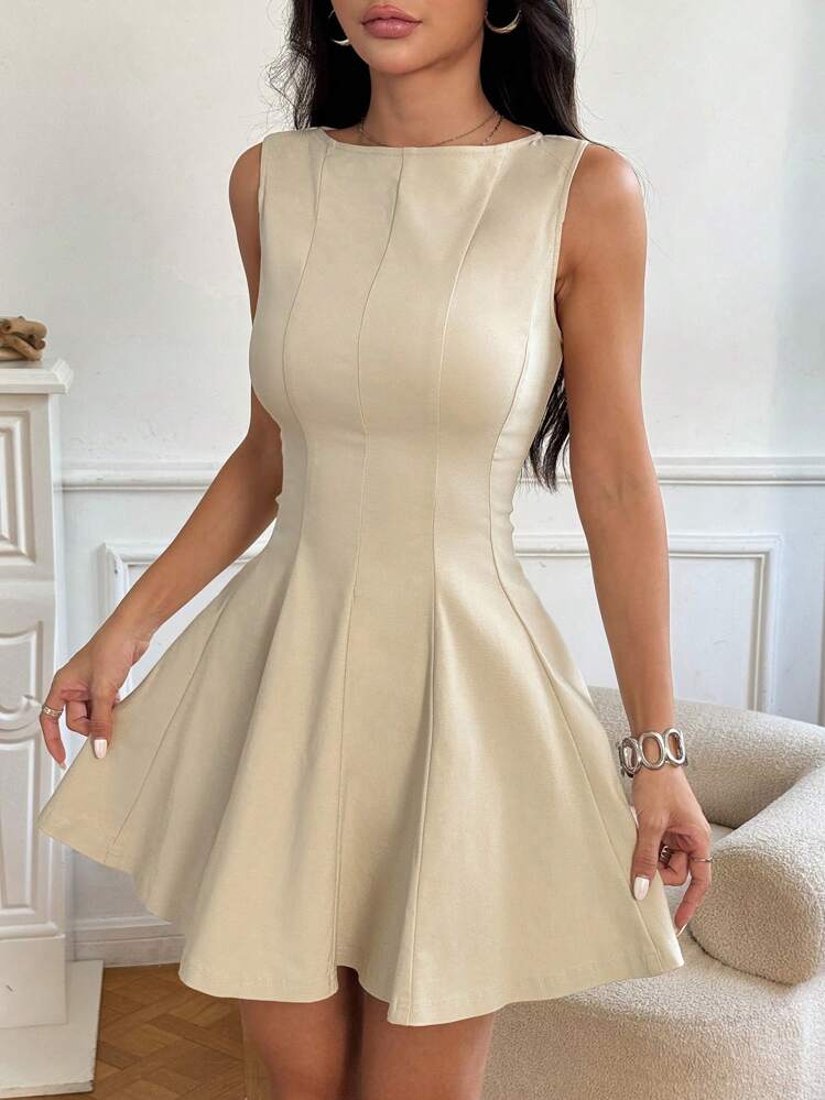 SHEIN EZwear 女士休闲优雅通勤纯色腰部收紧无袖迷你连衣裙 - 卡其色 - 查看 1