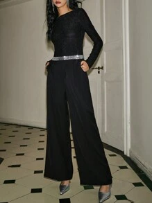 Poéselle 女士优雅通勤直筒裤，亮片拼接 - 黑色 - 查看 7