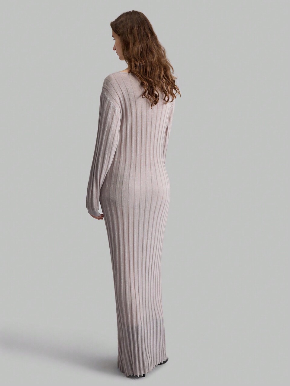 New Year & Metallic Thread Sheer Round Neck Ribbed Dress, Women Business Casual Sweater Dress, Long Sleeve, Silver, Autumn