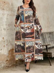 SHEIN LUNE Robe de style décontracté longue avec imprimé de bande dessinée, tailles grandes pour l'automne