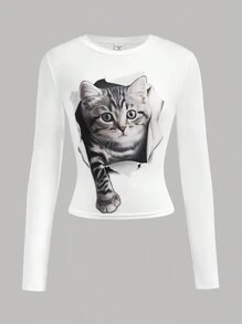 SHEIN Girlism 少女合身白猫印花图案长袖圆领 T 恤，可爱 Y2K 返校风格 - 白色 - 查看 4