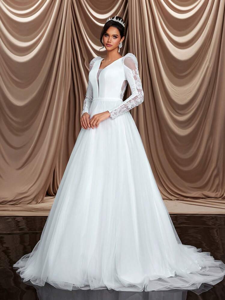 Glamrae Vestido Elegante e Luxuoso de Manga Longa com Decote em V Sexy, Costas Abertas e Evasê com Trem, Adequado para Casamento, Despedida de Solteira, Feriado, Gala - Bege - Visão 4