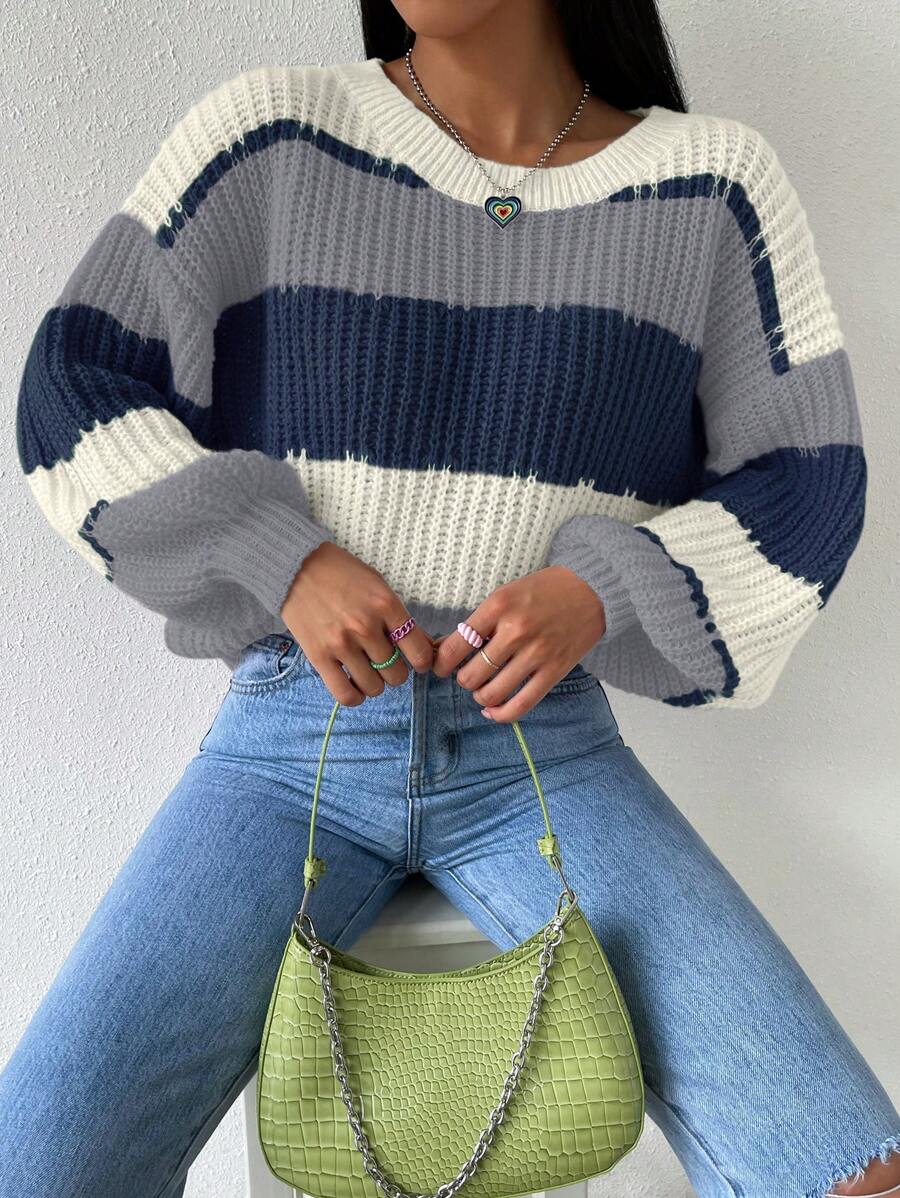 Contrast Stripes Round Neck Long Sleeve Sweater