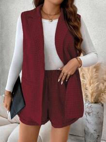 Flirla Plus Size Women Plaid Lapel Single-Breasted Sleeveless Jacket And Shorts Casual Office Wear Suit - Red - View 6