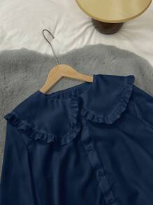 SHEIN LUNE Áo sơ mi nữ cổ Peter Pan dễ thương màu trắng phong cách Hàn Quốc Nhật Bản, phù hợp làm lớp trong hoặc áo ngoài cho mùa thu/đông - Màu xanh hải quân - Xem 6