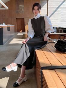 DAZY Đầm dài vừa phải không tay cổ tròn màu trơn cho nữ - Màu xám đen - Xem 4