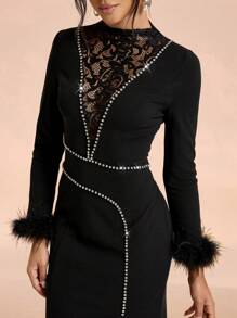 SHEIN Belle Vestido elegante de Navidad de mujer con contraste de encaje tejido, manga larga, adornado con cristales, ajustado con abertura, midi, negro, vestido de fiesta formal para invitados de boda, graduación, cena