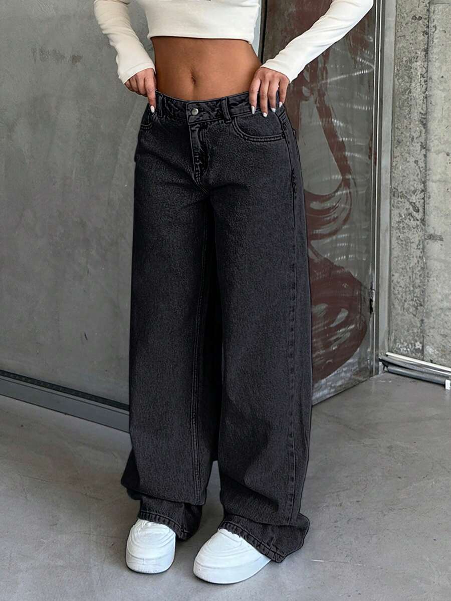 SHEIN Cottnline 100% Cotton LOW RISE WIDELEG CUT LIGHT BLUE WOMEN JEAN - Dark Grey - View 1