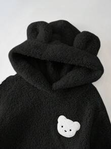 Cozy Pixies 女婴卡通熊耳套头卫衣，保暖内衬基础款，适合室内、户外滑雪、日常穿着、运动、玩耍、聚会、拍照、圣诞节、秋冬季宝宝卫衣，冬季幼儿服装，女婴卫衣，宝宝卫衣，宝宝熊外套 - 黑色 - 查看 3