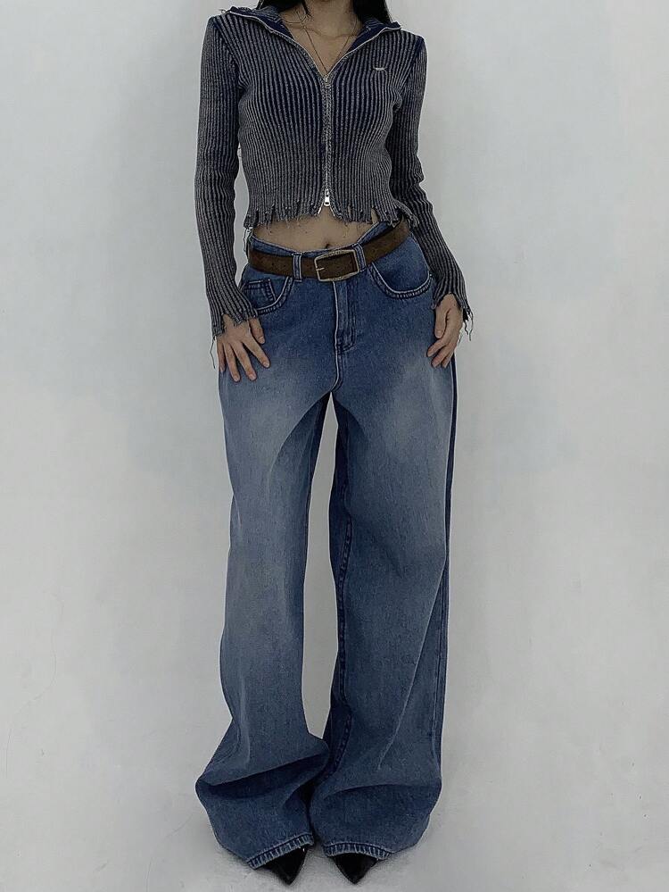 Women Washed Asymmetrical Loose Wide Leg Jeans,Baggy Jeans