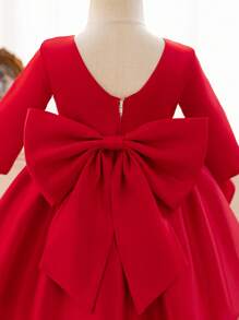 SHEIN Glamorique Kids Christmas Princess Girls Dress, Formal Gown For Party, Autumn/Winter, Long Sleeve Satin Dress With Bow Mesh Tutu Skirt, For Toddler/Baby Girl - Burgundy - View 3