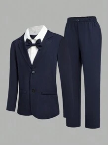 SHEIN Leap Crew 2pcs Tween Boy Casual Solid Color 2 In 1 Suit Jacket And Pants Set, Suitable For Autumn, Spring, And Winter, Suitable For Outdoor Play, School, Street Photography, Parties, And Leisure At Home - Navy Blue - View 1