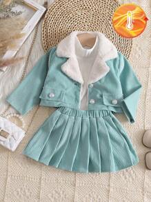 SHEIN 2pcs Baby Girls Spring Autumn Furry Collar Short Jacket And Pleated Skirt Set, Suitable For Outings