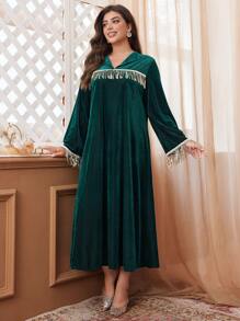 Al Najma Đầm dài Ả Rập trang trí sequin thanh lịch cho nữ cỡ lớn - Màu xanh lá cây đậm - Xem 4