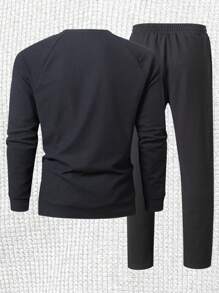 Manfinity Homme 2pcs Men's Autumn Letter Print Half-Placket Raglan Sleeve Sweatshirt & Sweatpants Casual Set - Black - View 2