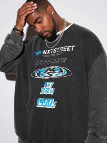 Manfinity VCAY Plus Size Men's Loose Fit Letter & Acid-Washed Crewneck Long Sleeve Sweatshirt - Black - View 1