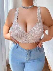 Plus Size Underwired Lace Brassiere, 1pc - Apricot - View 6