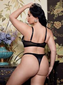 Plus Size Solid Color Patchwork Simple Casual Underwear Lingerie Set With Underwired 2pcs