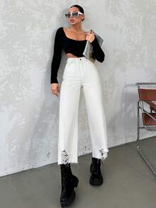 Cottnline Quần jean ống rộng rách - Màu be - Xem 4