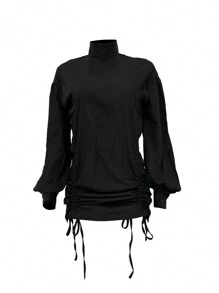 1543 Women European & American Style Stand Collar Loose Solid Color Lantern Sleeve Shirt Dress - 黑色 - 查看 6