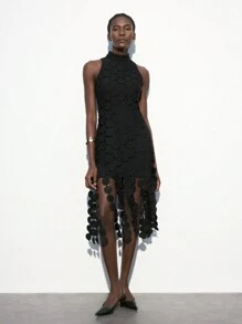 Maija 女式黑色特殊面料流苏装饰无袖圆下摆连衣裙，时尚都市设计，百搭春夏 - 黑色 - 查看 4