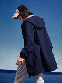 In My Nature Chaqueta de lluvia a media pierna, a prueba de viento y de agua, con capucha para mujer - Azul Marino - Ver 8