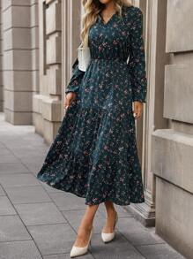 SHEIN Clasi V 领花卉印花休闲百搭长袖连衣裙长款女装 - 彩色 - 查看 6