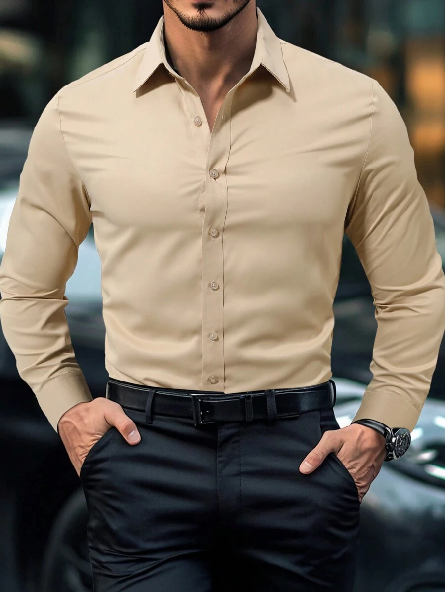 Manfinity Mode Men Solid Color Button Front Casual Long Sleeve Formal Shirt, For Fall, Ceremony - Khaki - View 1