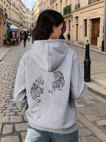 Tween Girls Tiger Print Hooded Sweatshirt, Suitable For Autumn - Grey - View 1